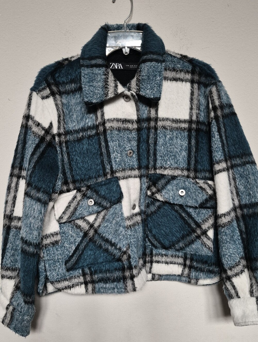 Zara Teal, White & Black Plaid Fuzzy Wide Pocket Jacket